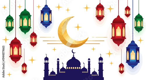 Eid Mubarak Instagram post template featuring a mosque with colorful lanterns and crescent moon on a white background for Ramadan social media promotions