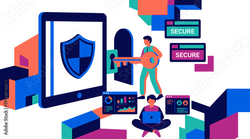 A person secures a digital shield on a device with a key while another works on a computer surrounded by secure labels and colorful blocks.