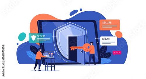 Two people are working on a large computer screen with a shield and key, representing security and protection in a digital environment.