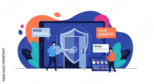 Two people standing in front of a large computer screen displaying a shield with a lock on it surrounded by various colorful icons and speech bubbles.