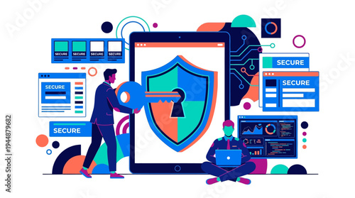 Man inserting key into large shield on screen surrounded by coding symbols