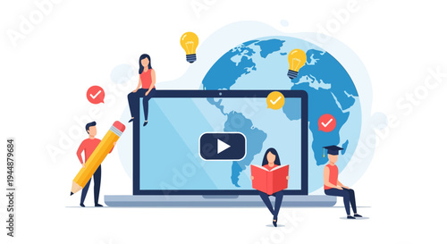 People interact with a large screen displaying a video surrounded by symbols