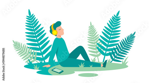 A person relaxes in a serene natural environment surrounded by large ferns and plants while listening to music.