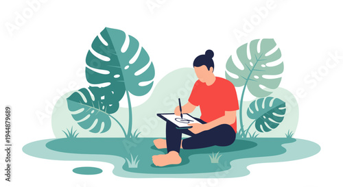 A woman sits on the ground drawing in a notebook surrounded by large tropical leaves and lush greenery in a serene natural setting.
