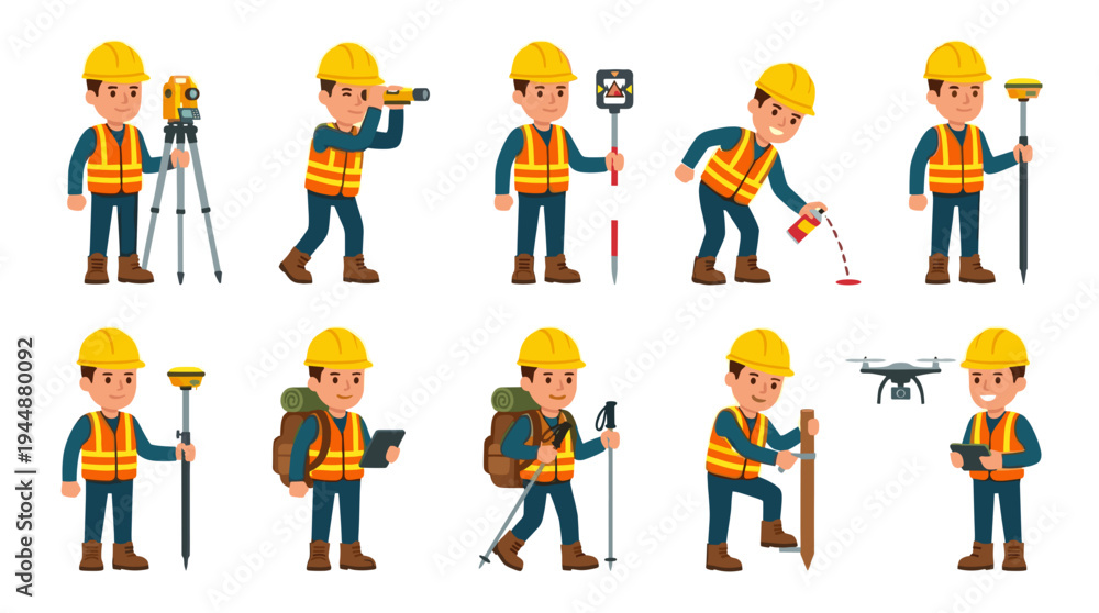Fototapeta premium Flat land surveyor vector character set displaying professional engineer with drone, total station, gps pole, and spray paint for civil engineering and topographic map projects.