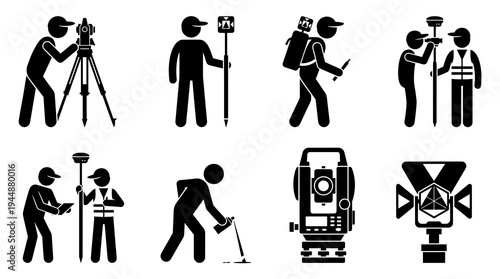 Stickman land surveyor vector pictogram set. Civil engineers teamwork silhouettes using total station, gps pole, marking ground, and surveying equipment for topography projects.