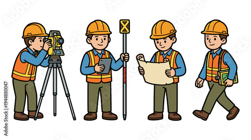 Cartoon land surveyor vector character set. Engineers in safety gear using total station, prism pole, reading blueprint, and carrying tools for topography and construction mapping.