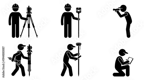 Silhouette land surveyor vector pictogram collection depicting civil engineer working with total station, gps equipment, and taking notes for topographic land surveying projects.