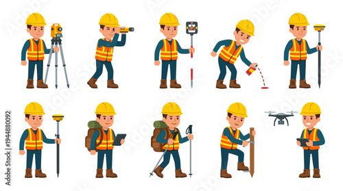 Flat land surveyor vector character set displaying professional engineer with drone, total station, gps pole, and spray paint for civil engineering and topographic map projects.