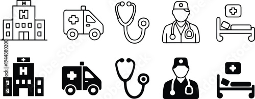 hospital icon set medical symbols outline and filled vector pack
