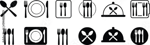 tableware icons set dining place setting cutlery plate dome