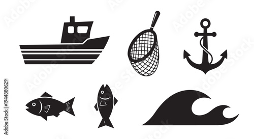 Black silhouettes of nautical icons including boat, fishing net, anchor, fish, and wave on white background