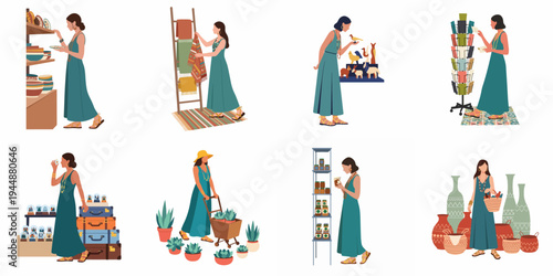 Set of illustrations showing a woman shopping for artisan crafts, pottery, textiles, and plants at a local boutique or summer market.