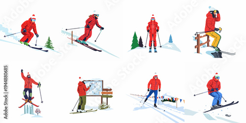 Set of Illustrations Featuring People in Winter Gear Engaged in Various Skiing Activities on Snow-Covered Mountains and Slopes.