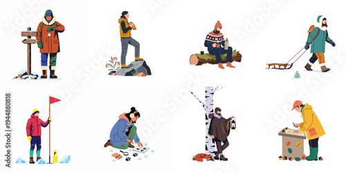 Collection of diverse people enjoying outdoor adventures, hiking, and camping activities in nature across different seasons and weather conditions.