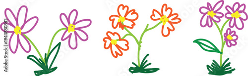 Colorful hand-drawn flower set with bright petals and green stems for spring and nature design

