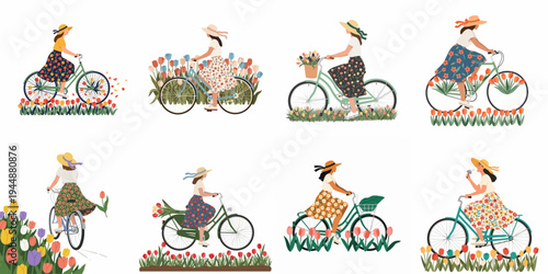 Set of eight illustrations featuring women in floral skirts and hats riding bicycles among colorful tulips, representing spring lifestyle and outdoor leisure.