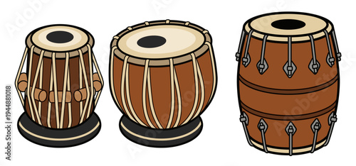 Detailed vector illustration of traditional Indian percussion instruments featuring a pair of tabla drums and a wooden dholak isolated on white background for musical design.