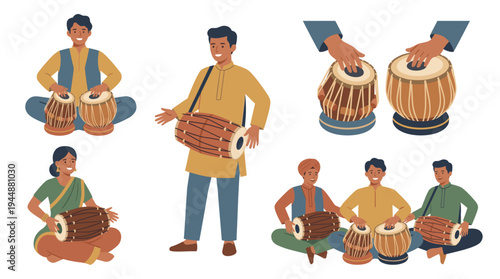 Flat vector illustration of Indian musicians playing traditional tabla and dholak drums. Diverse people enjoying cultural folk music performance with percussion instruments.