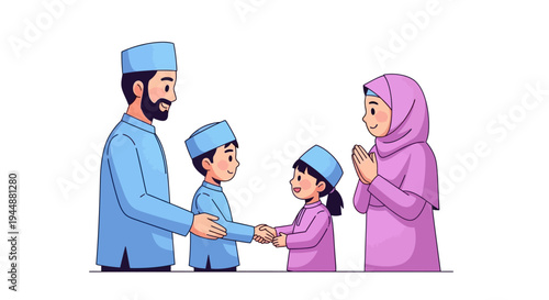 A Muslim family in traditional attire shakes hands and greets each other with smiles during an Eid celebration, conveying a joyful and happy mood
