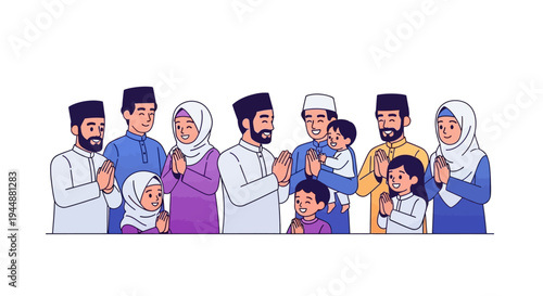 Illustration of a diverse Muslim family in traditional attire celebrating Eid with smiles and handshakes in a joyful and happy mood