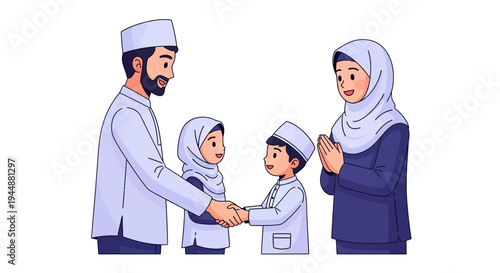 A Muslim family in traditional attire shaking hands and celebrating Eid Mubarak with smiles