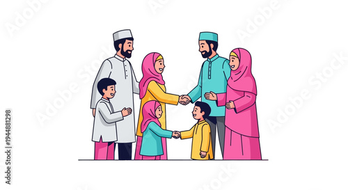 A Muslim family in traditional attire shakes hands and celebrates Eid together with smiles on a white background