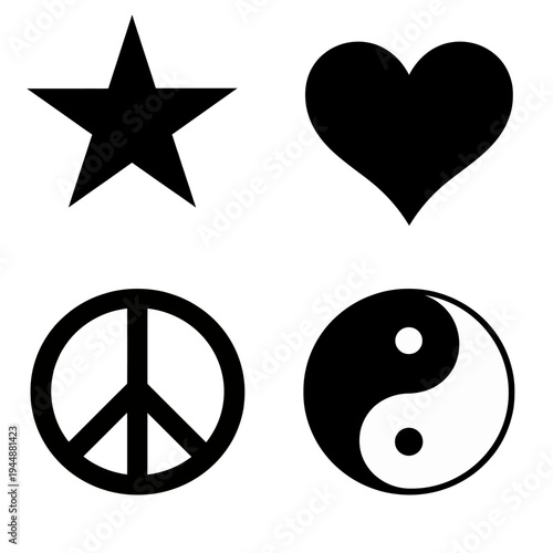 Glossy round yin yang symbol with stars,heart, vector icon illustration isolated on white background