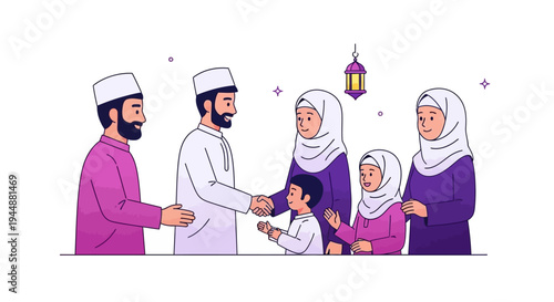 A Muslim family in traditional attire shakes hands and celebrates Eid together with a lantern in a joyful and festive atmosphere