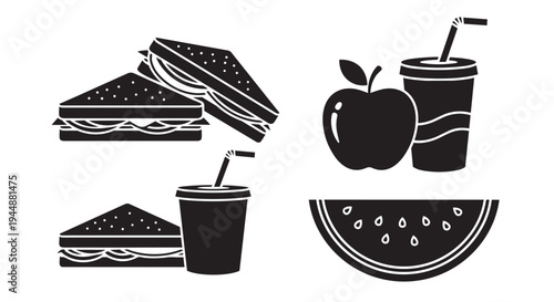 Black and white icons of sandwiches, fruit and drinks on a white background