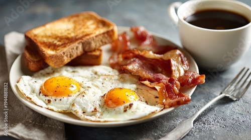 Fried eggs, bacon, and toast on a white plate with coffee sat on stone.