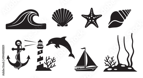 Black and white ocean icons including waves, shells, starfish, seashell, dolphin, and sailboat on white background