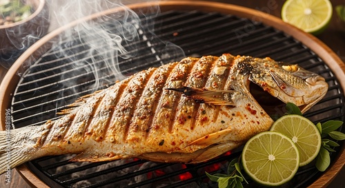 Fresh grilled salmon fish on a grill served on a plate with lemon as a healthy and delicious seafood meal
