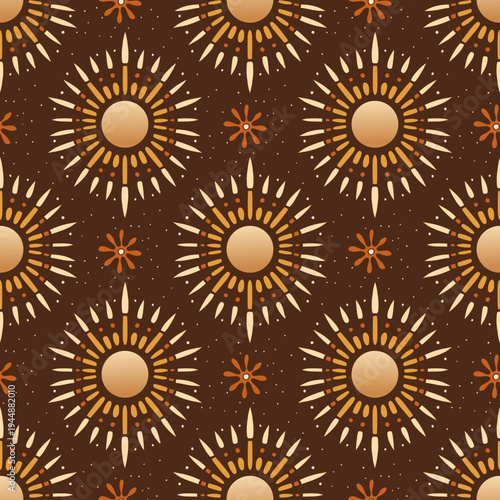 Vintage Boho Sun Seamless Pattern Ornamental Rays And Decorative Celestial Motif Background