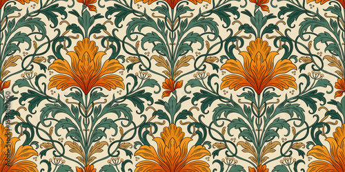 Art Nouveau Seamless Pattern With Vintage Iris Flowers And Antique Ornamental Leaves