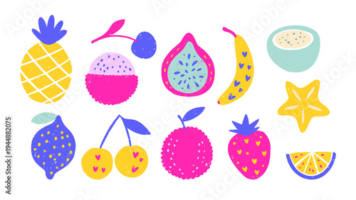 Tropical Fruit Vector Set Pineapple Banana Cherry Lemon Dragon Fruit Strawberry Textured Exotic Summer Fruit Collection
