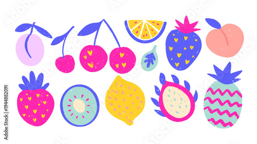Tropical Fruit Vector Set Cherry Strawberry Lemon Dragon Fruit Peach and Plum Textured Collection