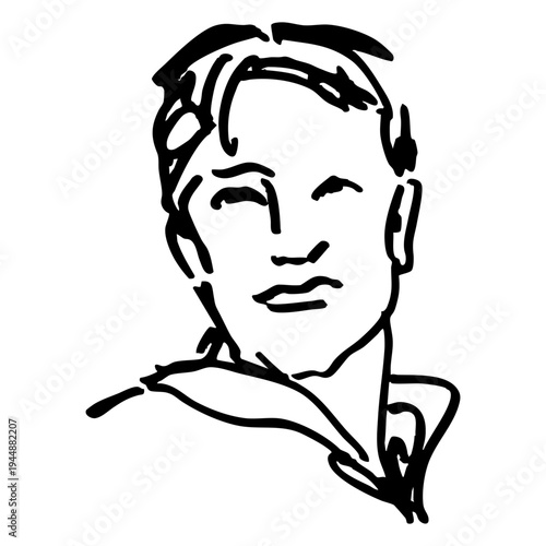 Head of a handsome young man with blond hair. Male portrait. Hand drawn linear doodle rough sketch. Black and white silhouette.