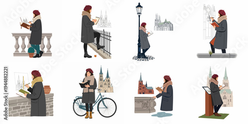 Set of flat vector illustrations featuring a young woman artist sketching historical Gothic cathedrals and European urban architecture in her sketchbook.