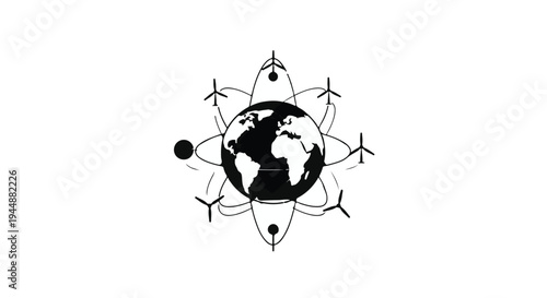 eco friendly global transportation concept with wind turbines and rockets around the earth