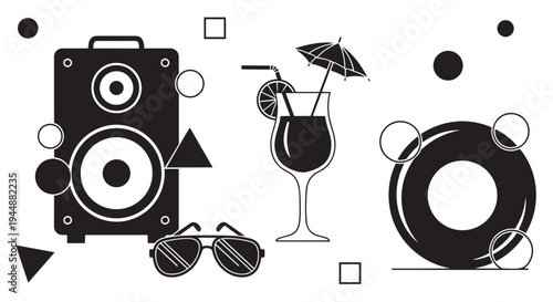 Summer vacation icons including a speaker, sunglasses, cocktail, and inflatable ring on a white background