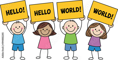 Cartoon children holding cheerful HELLO WORLD signs, colorful illustration for programming, education, coding introduction and friendly greeting design