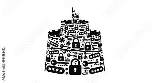 black and white illustration of a castle with locks and security symbols