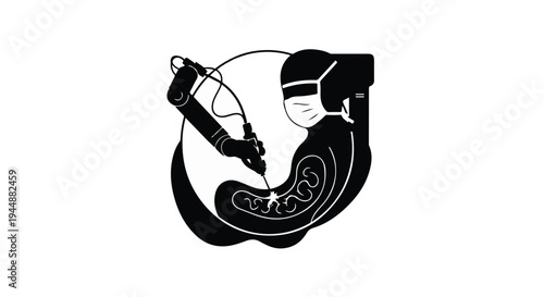 Black and white illustration of a surgeon performing laparoscopic surgery