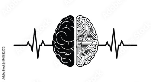 Brain with ECG heartbeat line, symbolizing mental health and wellness