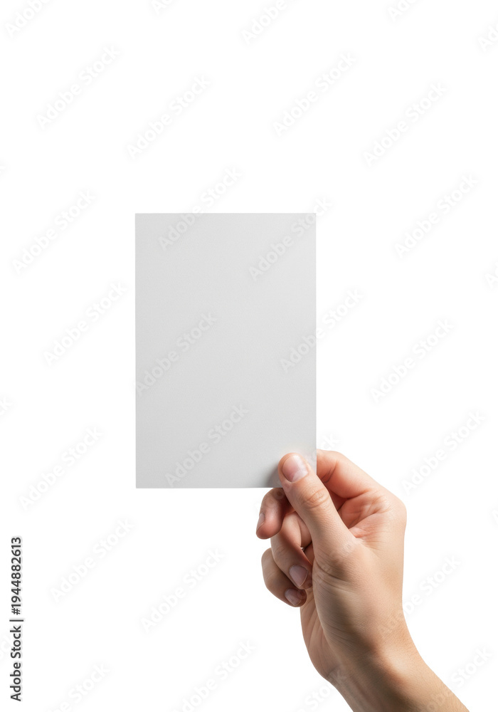 Fototapeta premium Clean, fair-skinned professional hand (mid-30s) gently holding a blank, vertical white a7 matte card mockup in a high-key, minimalist studio environment. Sharp focus presentation template concept