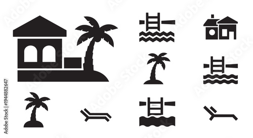 Black silhouettes of tropical resort icons with palm trees and swimming pools