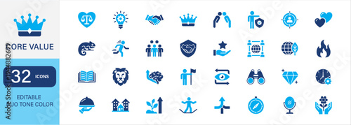 Core value icon set. Blue duo tone vector editable. Contains icon symbol of integrity, innovation, collaboration, excellence, respect, accountability, customer focus, empathy, agility, trust, courage.
