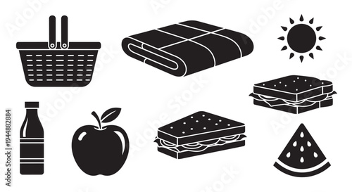 Black and white picnic icons including food and drink