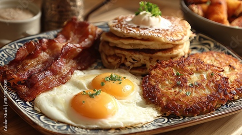 Fried eggs, crispy bacon, fluffy pancakes, and potato latkes are presented for a hearty morning meal, with attention on a specific part.